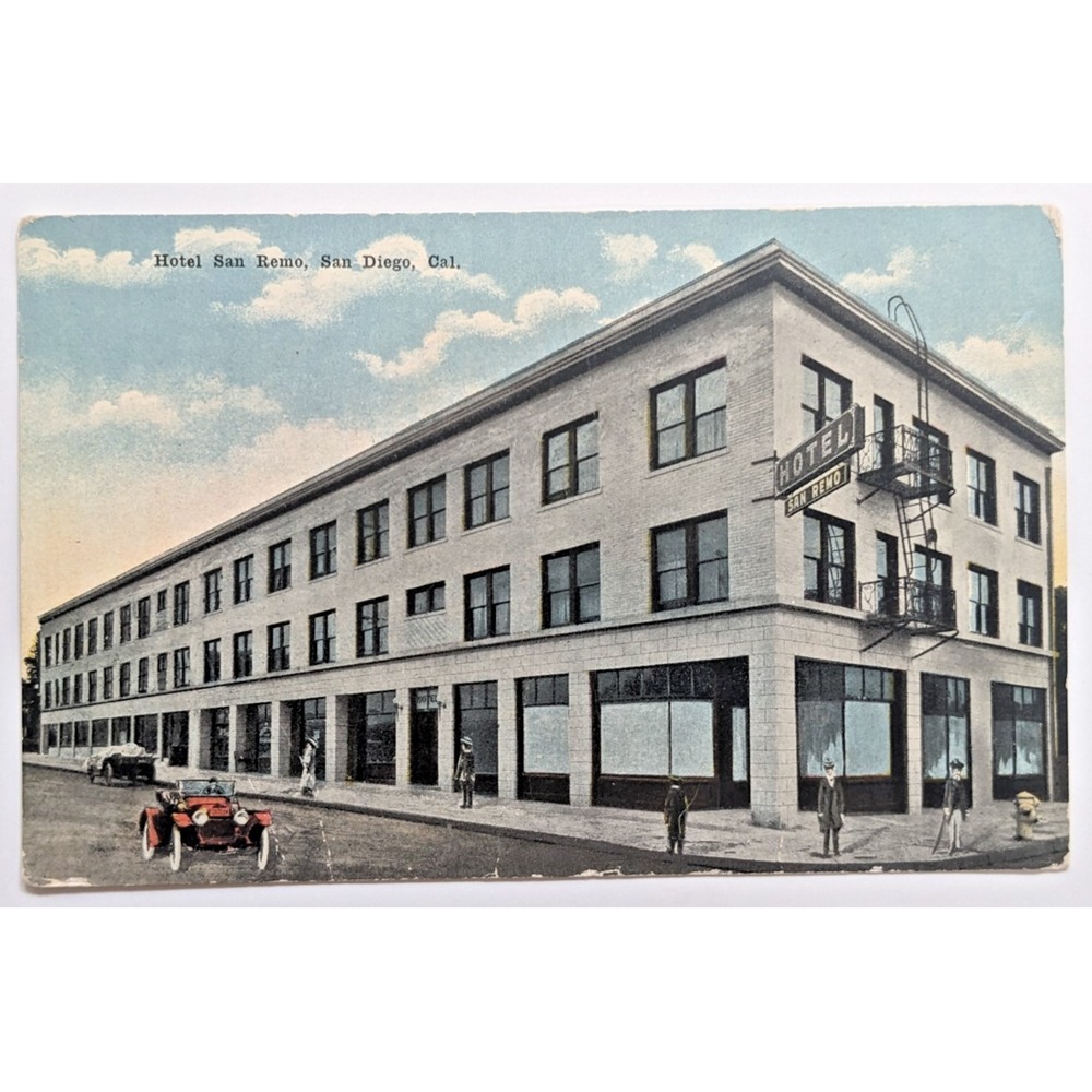 San Diego, California CA Hotel San Remo Exterior Street View Auto 1910s Postcard